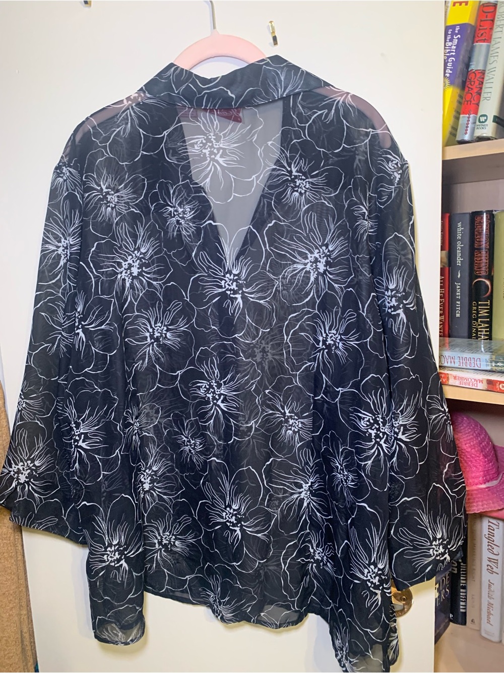 Women's Sheer Black Floral V-Neck Blouse
